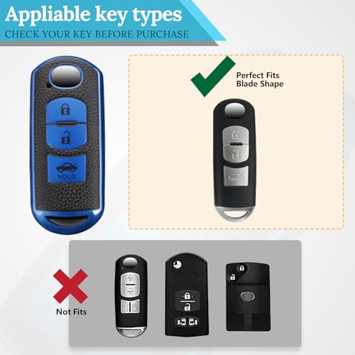Image of for Mazda Key Fob Cover with Metal Braided Rope Keychain, Upgraded TPU Surface Grain Case for CX-3 CX-5 CX-7 CX-9 Mazda 3 6 MX-5 Miata (3 buttons) (Blue, A2)