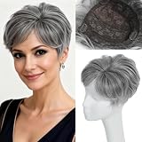 EREE HAIR 4 Inch Straight Human Hair Toppers for Women with Thinning Hair,Breathable 7"x7" Rose Lace Base Side Part Women Toupee Short Clip in Hairpiece for Daily Wear Cover Gray Hair GRET2