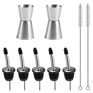 5 Pack RVS Liquor Pour Spouts Set & 2 Double Jiggers, SourceTon 5 Liquor Pour Spouts + 5 Dust Caps Covers + 2 Cleaning…
