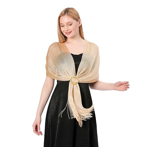 Image of Stoles for Evening Dress with Buckle, Fringes - Polyester Blend, Shimmer Stole Wraps for Weddings, Party | Women's Clothing