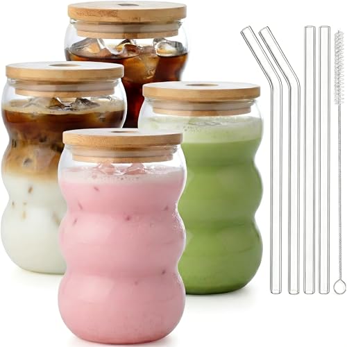 VITEVER Latte Macchiato Gläser Set, 4 Eiskaffee Gläser mit Deckel, Spülmaschinenfest, Bubble Glasbecher 550 ml, Cocktailglas, kostenlose Bürste und Strohhalm