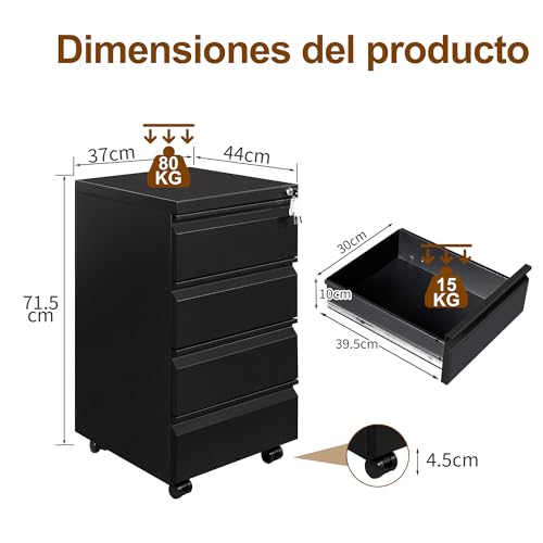 HOMSTEEL Cajonera móvil, Archivador Metálico con Cerradura, 4 Llaves, 4 Cajones, Premontado, para Oficina, Oficina en Casa, Negro - imagen 3