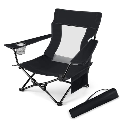 Image of HaSteeL Folding Beach Chair, Foldable Black Camping Chairs for Outside, Low Beach Chair Portable for Adults Fishing, Picnic, Outdoor BBQ, Travel, Sports, Cup Holder & Storage Bag