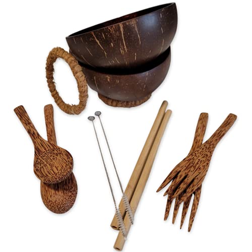 Set of 2 Coconut Bowl with Coconut Spoons & Forks + Bamboo Straws & Straw Cleaner Brushes + Rope Stands , Smoothie Bowls , Coconut Bowls , Acai Bowl , Coconut Bowls for Smoothies , Coconut Shell