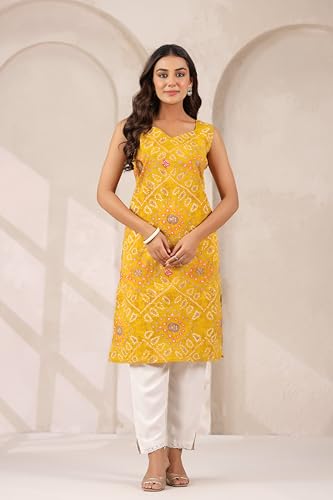 Image of Ichaa Women's Pure Cotton A-Line Sleeveless Round-Neck Ethnic Short Kurta for Daily and Office Wear, in Plus Sizes