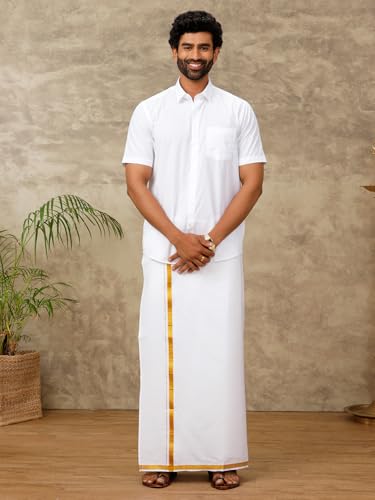 Image of Ramraj Cotton Men Cotton Blend Readymade White & Cream Dhoti With Gold Jari Border Genxt| Single Layer