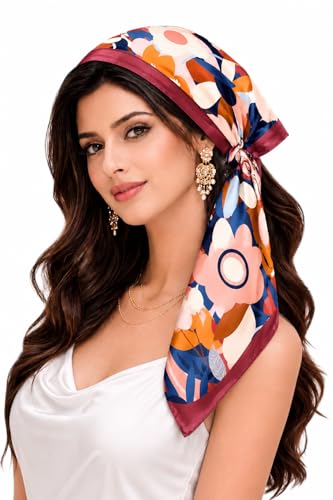 Image of Silk Like Head Scarf for Women Stylish Bandanas for Women Vintage Hair Scarf Wrap and Sleeping, Boho Floral Print Square Bandana Gift