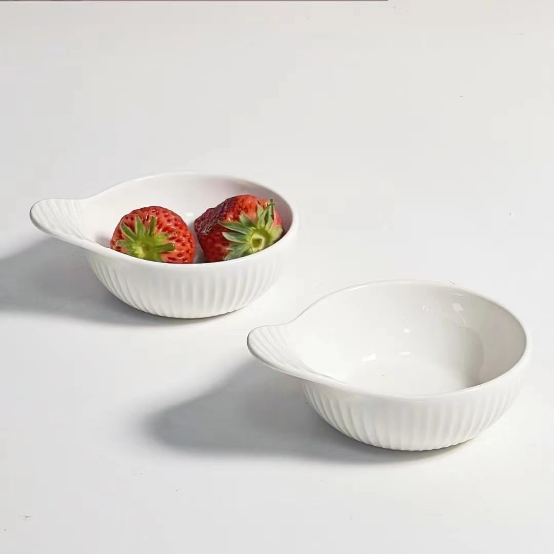 5 oz White Ceramic Dipping Bowls with Embossed Striped Non-slip Handle Chip & Dip Serving Bowls for Condiment Olive Oil Soy Sauce Salsa Sushi Bread Set of 4