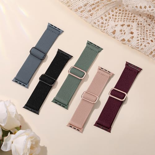 Image of Easuny 5 Pack Stretchy Bands Compatible with Apple Watch 40mm 41mm 42mm 38mm 44mm 45mm 46mm Women, Elastic Fabric Nylon Strap Wristband for iWatch SE 3 2 1 Series 11 10 9 8 7 6 5 4 3 Boho Solo Loop