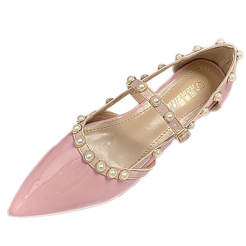 Mary Jane Flats with Pearl for Women's Pointed Toe Hollow Out Patent Leather Comfort Dressy Ballet Flat Shoes with Adjustable Buckle for Wedding Parties Formal Daily