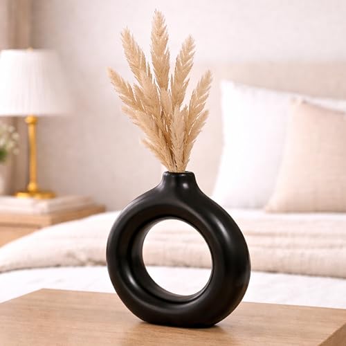 Image of Modern Matte Black Ceramic Donut Vase - Minimalist Hollow Round Flower Vase for Home Decor, Living Room, Bedroom & Office Accent, 5x5.1 Inch