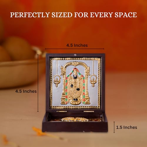 Image of Balaji Venkateshwara Pocket Temple for Wedding Gift, Housewarming Gift & Pooja Room Decor | Gold Plated Photo Frame with Charan Paduka - 4.5 Inches