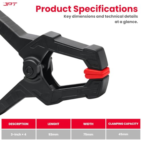 Image of JPT 3.5-Inch Heavy Duty Spring Clamp (PACK OF 4) | 45mm Clamping Capacity, High-Tension Steel Spring | One-Hand Quick Grip, Non-Slip Pads | Woodworking, Carpentry & DIY Clamp