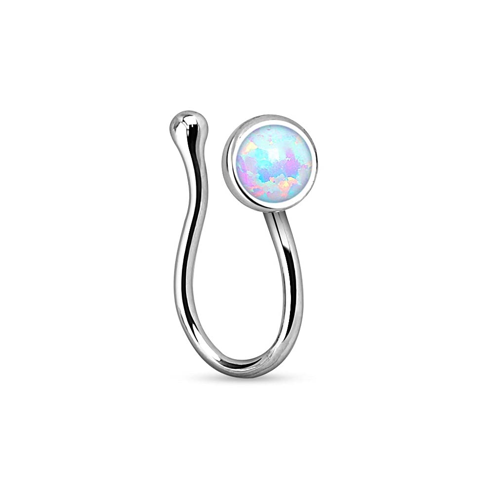 17GA Silver Tone Synthetic Opal Gem Clip On Fake Non No Piercing Nose Ring
