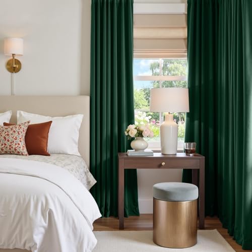 Image of Extra Long Emerald Green Velvet Curtains 52x108 Inch 2 Panels | Soft Velvet, For Tall Windows & High Ceilings, Light Shifting Texture, Elegant Drape, Classic, Rod Pocket