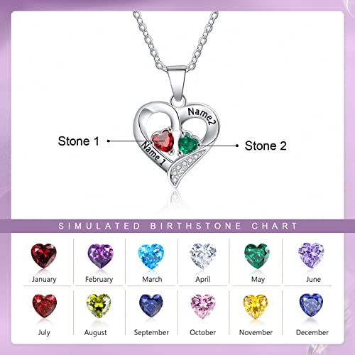 Jewelstruck Sterling Silver Personalized 2 Names Birthstone Necklace Heart Custom Necklace for Women Wife Grandma Mothers Day Necklace for Mom Valentine's Day Gifts for Her2
