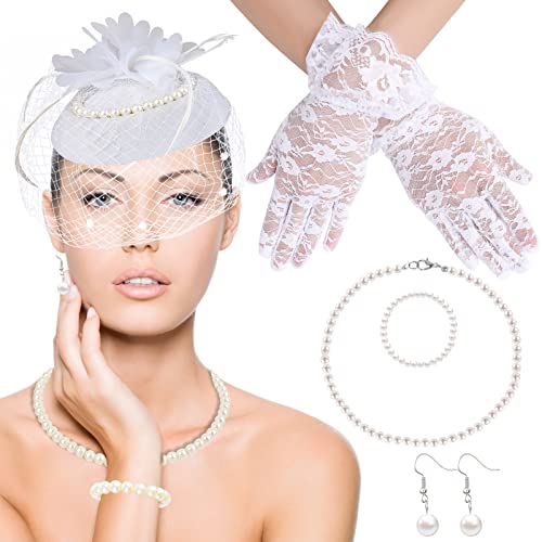 5Pcs Fascinators Hat Veil Mesh Headband Set Tea Party Fascinators Set Lace Gloves, Pearl Necklace, Bracelet, Earrings (White) #TOP14