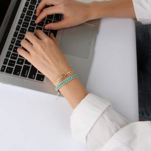 Image of C.QUAN CHI Turquoise Bracelets Handmade Woven Friendship Bracelets White Leather Adjustable Wrap Bracelets
