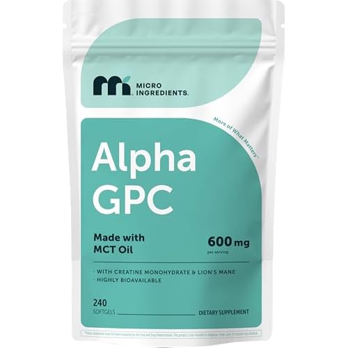 Micro Ingredients Alpha GPC with MCT Oil, 240 Softgels | 600 mg Alpha GPC Per Serving | Added Creatine Monohydrate & Lion’s Mane | Non-GMO, cGMP Manufactured