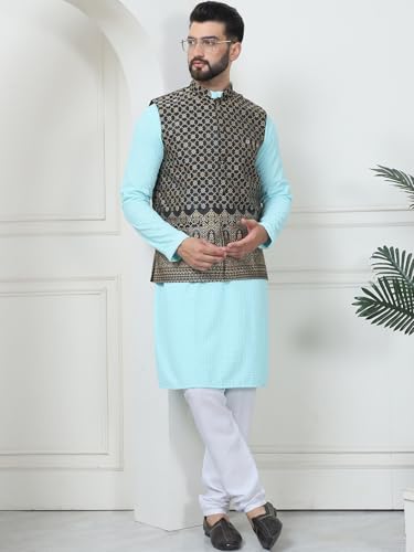Image of SOJANYA (Since 1958 Men's Cotton Linen Maroon Kurta and White Pyjama with Mustard Cotton Nehru Jacket