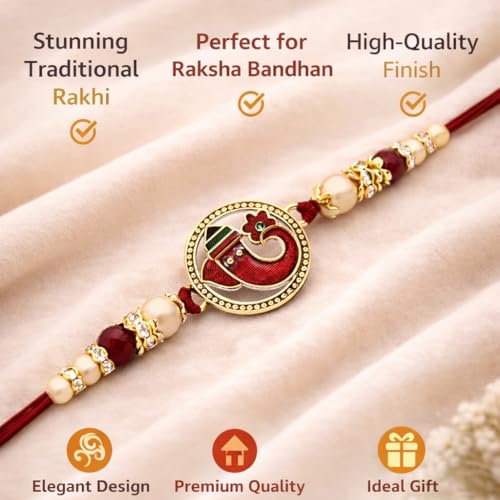 Image of Riddhika Ventures Religious Gold Plated Meenakari Sacred Ganesha Rakhi with Roli Chawal and Greeting Card