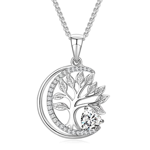 Praelinos Árbol de la Vida Collares Mujer 18K Chapado en Oro Blanco 5A Corazón Zirconia Cúbica Luna Colgante Joyas Mujer Regalo Cumpleaños Navidad San Valentín para Esposa Mama Novia Abuela (Blanco) Cover