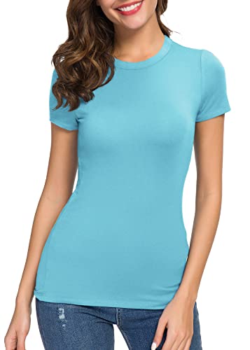 Women's Crewneck Slim Fitted Short Sleeve T-Shirt Stretchy Bodycon Basic Tee Tops (Xl, Blue) #TOP3