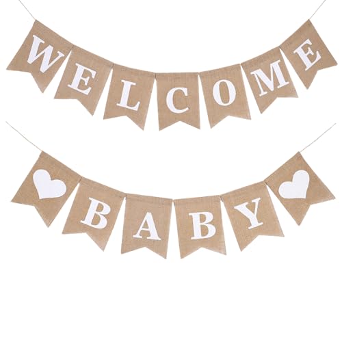 WJIAAA Vintage Leinen Welcome Baby Banner Willkommen Zuhause Baby Rustikal Buchstaben Wimpel Sackleinen Girlande für Zuhause Party Empfang Babyparty Wimpelkette mit 13 STK Wimpeln