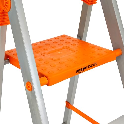 Image of Amazon Basics Clamber Pro+ - Foldable Step Ladder with Tool Tray, Firm Grip, 3 Steps (Aluminium Steps, Orange & Satin)