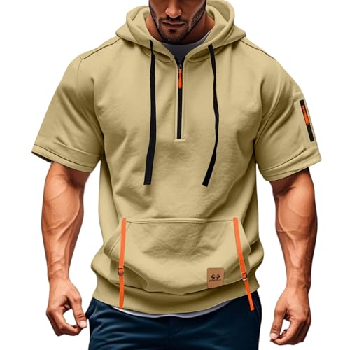 Mens Quarter Zip Tactical Hoodies Short Sleeve Hooded Cargo Sweatshirt Outdoor Workout Pillover Tops with Pockets