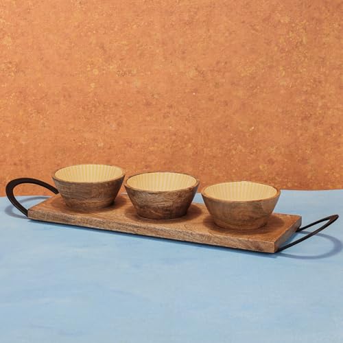 Image of Tripple Treat Snack Bowl Set with Enamel Finish & Stand | Handcrafted Wooden Serving Bowls for Snacks, Dry Fruits & Condiments | Set of 3