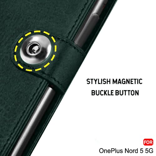 Image of TheGiftKart heGiftKart Genuine Leather Finish Flip Back Cover Case for OnePlus Nord 5 5G | Inbuilt Pockets & Stand | Wallet Style | Designer Button Magnet Flip Back Cover Case (Faux Leather, Green)