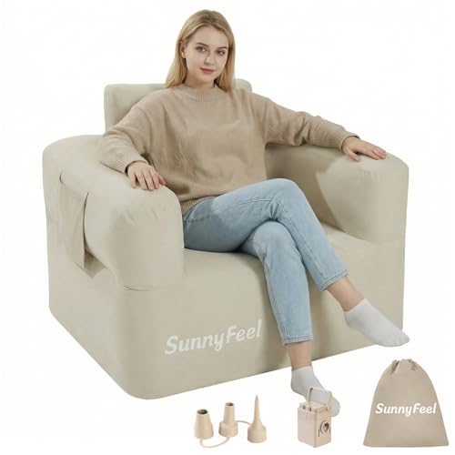 SUNNYFEEL Inflatable Sofa Chair, Heavy Duty 330LBS Portable Air Sofa with Built-in Pump, 1000D Oxford Fabric for Camping, Beach & Travel (Beige-Single)