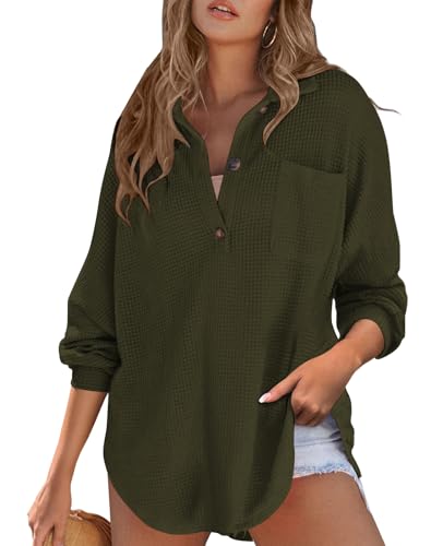 Poetsky Womens Waffle Knit Tops 2025 Oversized Long Sleeve Henley Shirts Fall Casual V Neck Loose Fit Tunic Blouse2