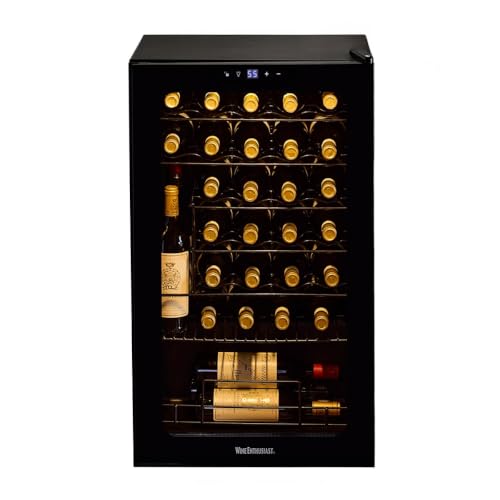 Image of Wine Enthusiast 33-Bottle Compressor Wine Cooler w /Upright Bottle Storage - Freestanding 3.3 Cu. Ft. Wine Refrigerator, LED Digital Control Panel, Energy-Efficient Cooling of 41-64F