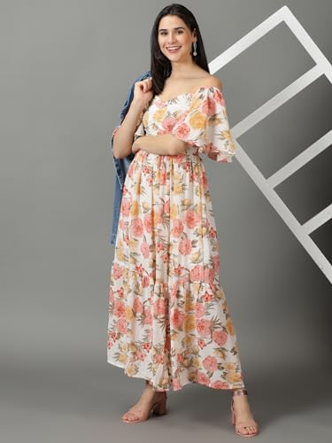 Image of SHOWOFFFF Women Printed Fit and Flare Casual Dress | V Neck Half Sleeves Chiffon Dress for Womens | Maxi Dress for Women's