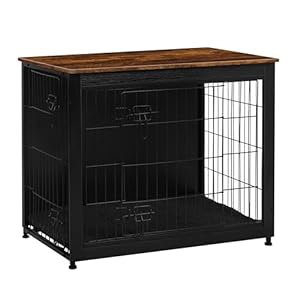 DWANTON Dog Crate Furniture with Cushion, Wooden Kennel Table with Double Doors, Indoor Dog House, Medium Size, 32.5″ L, Black+Rustic Brown