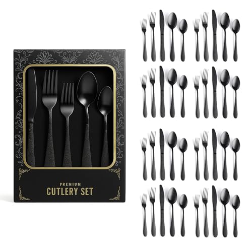 Image of aDai Premium 20 Piece Stainless Steel Cutlery Set | Elegant Hammered Handle Flatware | Includes Spoon Fork Knife Teaspoon | Durable Rust Resistant | Perfect for Gifting (Black)