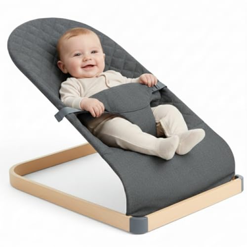 Image of ANGELOGJGT Baby Bouncer, Portable Infant Bouncer Seat with Soft Breathable Fabric, Contoured Supportive Rocker for 0-9 Months, Foldable Baby Swing Chair with 3-Point Harness for Indoor Outdoor, Grey