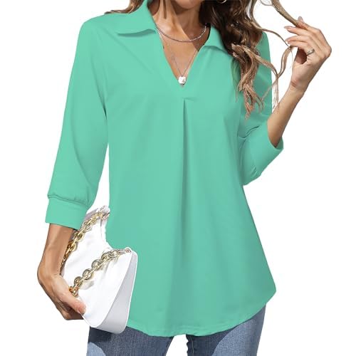 Heat Move Women's 3/4 Sleeve Length Tops Collared V Neck Shirt Dressy Casual Business Blouses for Work Professional Small Light Green