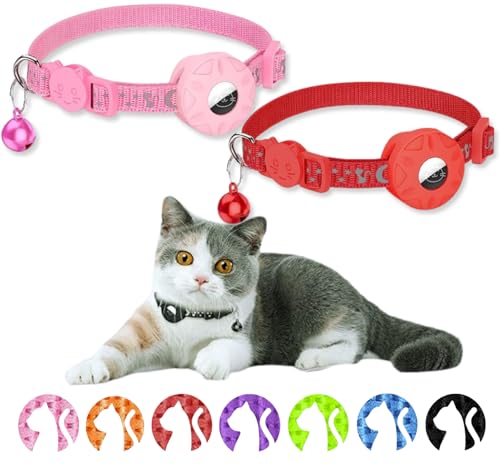 AlxMuNao Airtag gps 猫用首輪 gps 猫 エアタグ 用の ペット 追跡装置 安全 犬 猫用首輪猫 頑丈耐用です そして 光反射のデザインを加えて 紛失防止 ベル付き調節可能な 注意:この商品にはエアタグは含まれておりません (2本・桃椿