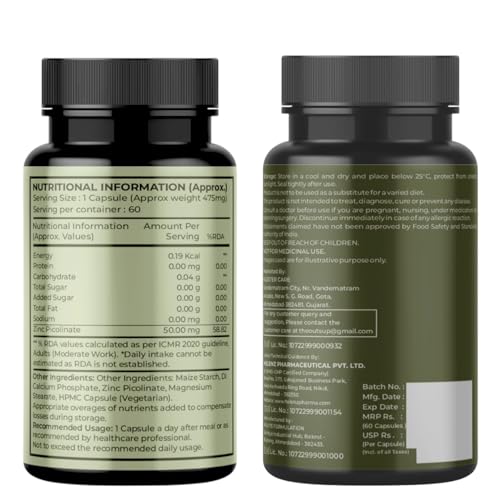Image of Zinc Picolinate 50 mg - High Absorption Chelated Zinc Supplement for Men & Women - Immune Support, Skin & Hair Health - Supports overall wellness, Muscle Strength & Metabolism - 60 Capsules