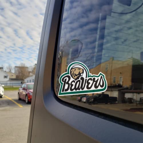 Image of Bemidji State University Beavers Script Logo with Bucky the Beaver Weatherproof Vinyl Sticker Car Decal from Nudge Printing