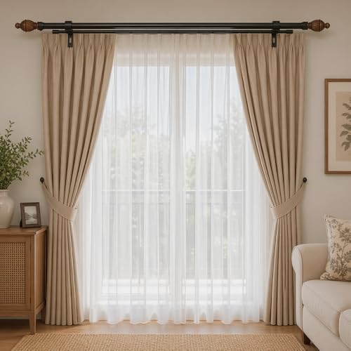 Image of Decor Mart Window Casa 84 inch-144 inch Adjustable Double Curtain Rod For Door & Windows With Brackets Set Curtains Hanging Extendable Iron Metal Pipe Holder With Carved Brown Wood Finial Black, 0.75 Diameter