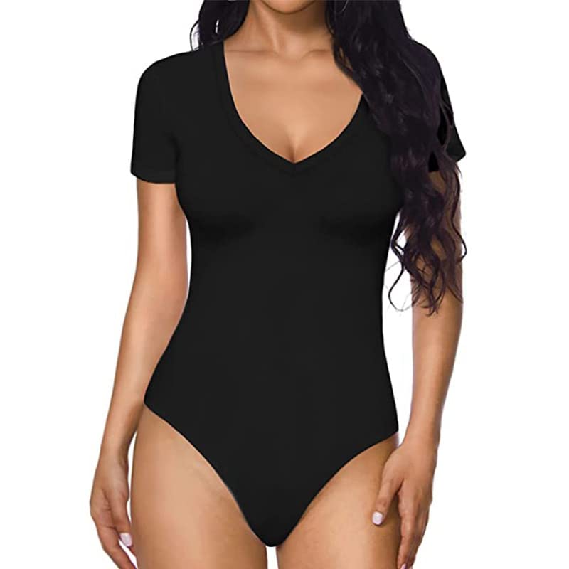 MeeQee MeeQee Body Mujer Manga Corta Sexy Body Cuello en V Body Verano Camisetas Básicas Mono Body Moldeador Control de Barriga Body Adelgazante con Tanga Body Estirado Slim