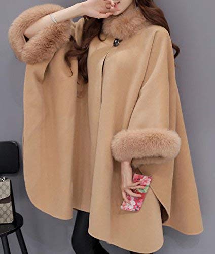 Poncho feminino de frente aberta Cicilin com camadas de acabamento de pele sintética, Camel, XL