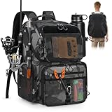 RAINSMORE Angelrucksack 45L mit Rutenhalter wasserdichte Angeltasche Herren 900D Polyester Rucksack für Angelausrüstung mit Regenschutz & Kühlfach Geschenk für Angler