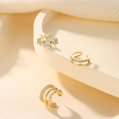 Dochais 3 Stück Ear Cuff Gold Silber Fake Piercing Ohrringe Ohrclips Damen Ohne Ohrlöcher CZ Wrap Funkelnde Runde Huggie Clip Ohrringe Fake Helix Knorpel Earcuffs in Geschenkbox für Mädchen G