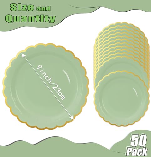 Image of HEIPINIUYE 50 Pieces Sage Green Paper Plates with Gold Foil 9 Inch Disposable Sage Scalloped Dinner Plates for Wedding Baby Shower Birthday Party Dessert Plate