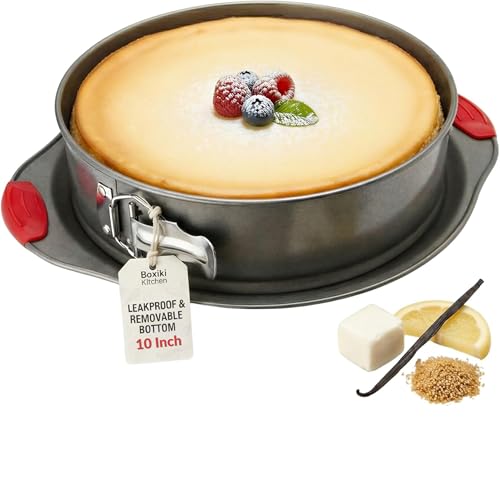 Springform Pan 10 Inch Nonstick - Leakproof Cheesecake Pan with Removable Bottom, Heavy Gauge Carbon Steel Spring Form Pan with Silicone Handles, Oven Safe Baking Pan by Boxiki Kitchen - Used condition - CA$20.03